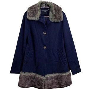 ASOS Wool Blend Faux Fur Trim Buttoned Coat Jacket Navy Blue Brown Size US 2